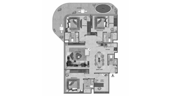 Apartment floor plan, 3 bedrooms in ARYA Residences No. 11011 (2D)